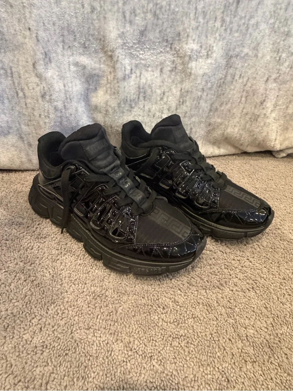 Versace Black Glossy Patent Leather TRIGRECA Sneakers